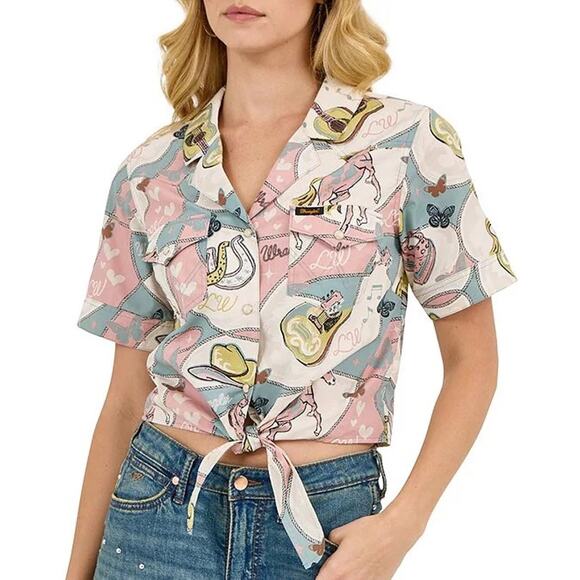 Wrangler x Lainey Wilson Women's Short Sleeve Tie Front Camp Shirt Size XL - Picture 1 of 9